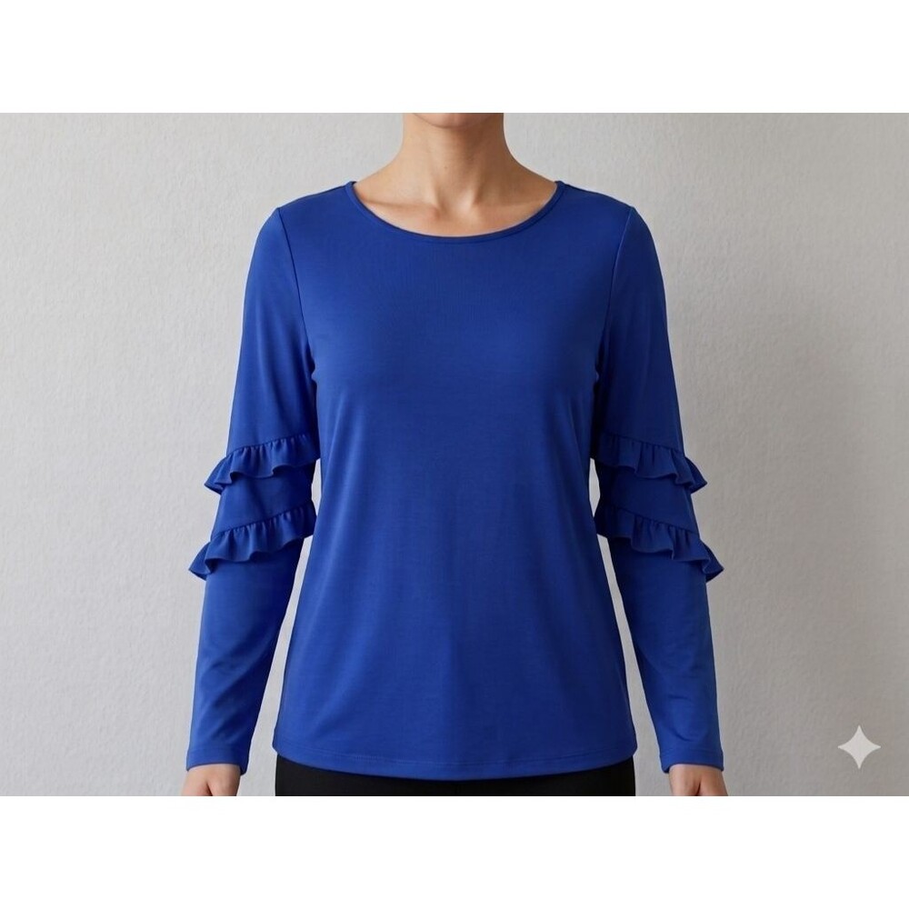 Susan Graver Liquid Knit Top L Tiered Ruffle Long Sleeve Blue Stretch A347402